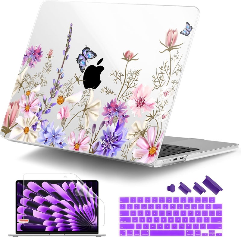 DONGKE Compatible with M4 MacBook Air 15 inch Case 2025 2024 2023 A3241 A3114 A2941 M3 M2 Liquid Retina Display Touch ID, Plastic Hard Case & Keyboard Skin & Screen Protector - Butterfly Floral - Image 1